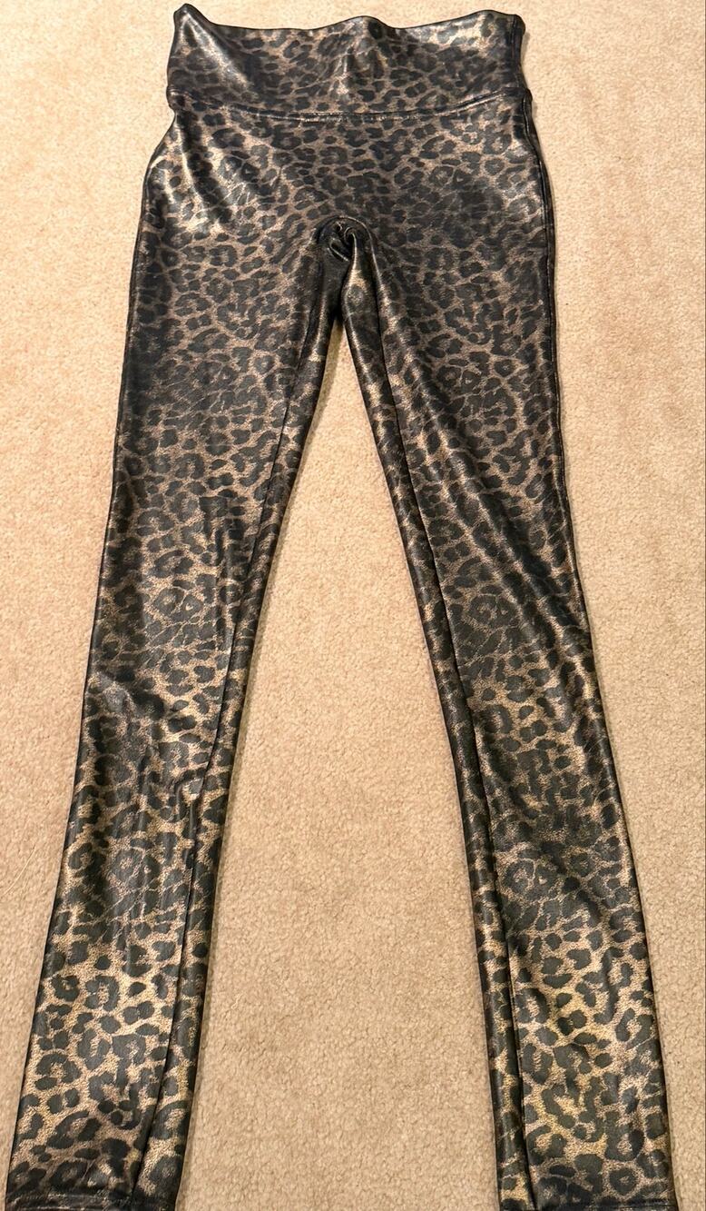 Spanx Faux Leather Gold Leopard Animal Print Leggings Extra Small XS